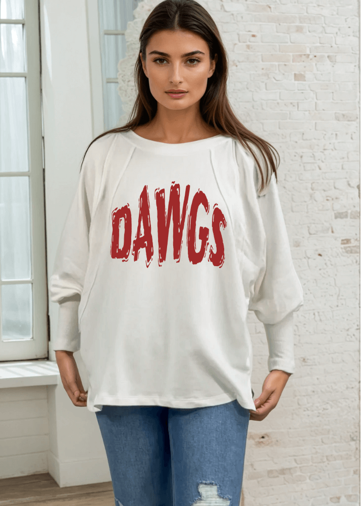 Made in USA Customizable Game Day Sweatshirt with Oversized Distressed Graphic Text on Women's Cotton Blend Off White Solid French Terry Dolman Sleeve Boat Neck, Wide Cuff, Raw edge detail | Classy Cozy Cool Women's Made in America Boutique