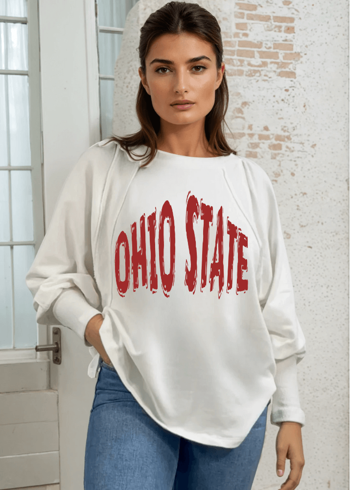 Made in USA Customizable Game Day Sweatshirt with Oversized Distressed Graphic Text on Women's Cotton Blend Off White Solid French Terry Dolman Sleeve Boat Neck, Wide Cuff, Raw edge detail | Classy Cozy Cool Women's Made in America Boutique