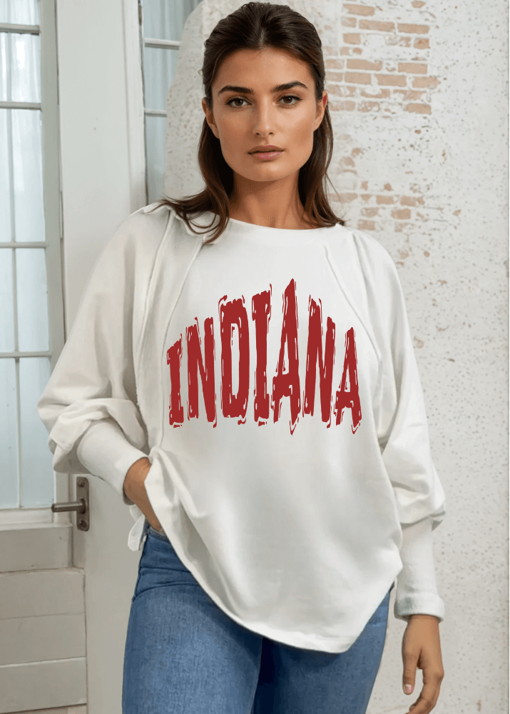 Made in USA Customizable Game Day Sweatshirt with Oversized Distressed Graphic Text on Women's Cotton Blend Off White Solid French Terry Dolman Sleeve Boat Neck, Wide Cuff, Raw edge detail | Classy Cozy Cool Women's Made in America Boutique