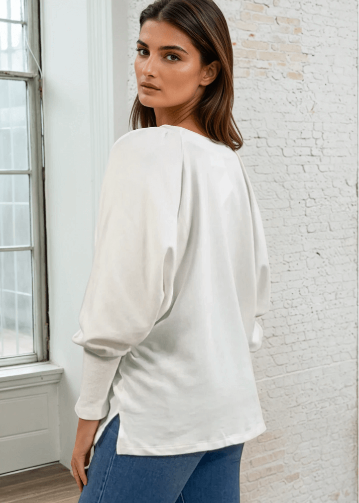 Made in USA Customizable Game Day Sweatshirt with Oversized Distressed Graphic Text on Women's Cotton Blend Off White Solid French Terry Dolman Sleeve Boat Neck, Wide Cuff, Raw edge detail | Classy Cozy Cool Women's Made in America Boutique