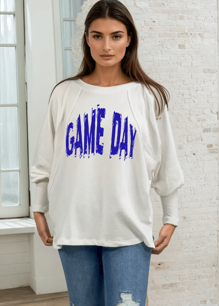 Made in USA Customizable Game Day Sweatshirt with Oversized Distressed Graphic Text on Women's Cotton Blend Off White Solid French Terry Dolman Sleeve Boat Neck, Wide Cuff, Raw edge detail | Classy Cozy Cool Women's Made in America Boutique