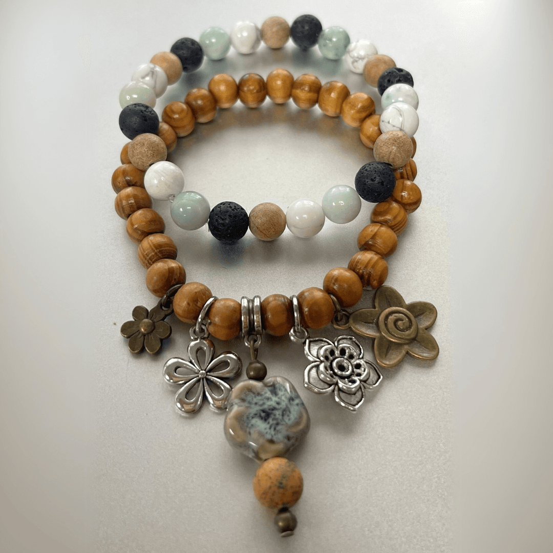 Natural Stone Jewelry Designed and Made in USA, Unique One-of-a-kind Vintage Inspired Set of 2 Beaded Stretch Bracelets in Neutral Colors with Flower Charms