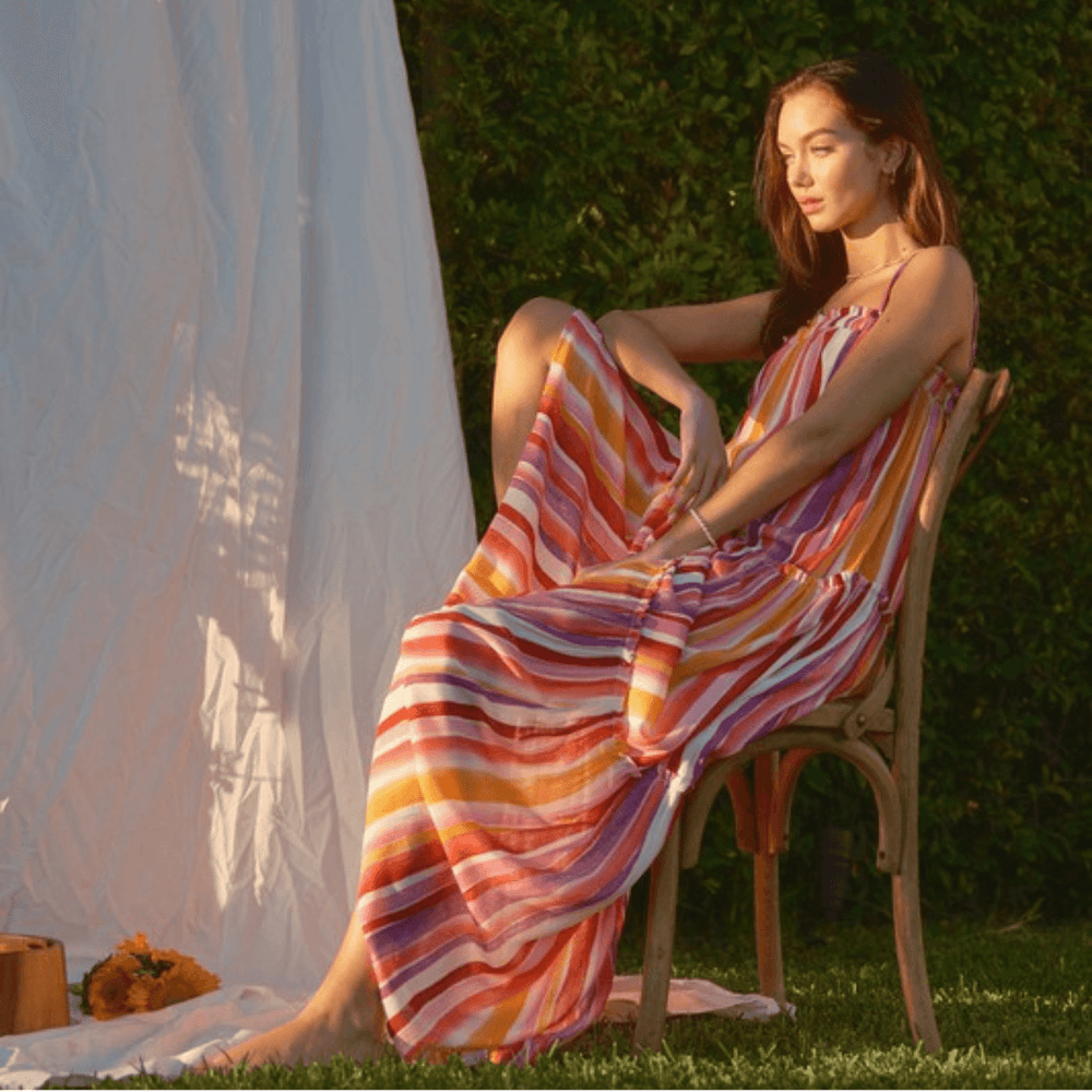 Made in USA Women's Striped Maxi Tiered Sun Dress with Adjustable Straps and Ruffle Detail in this Dress: Lavender, Coral, Pink, Orange, White | Classy Cozy Cool Made in America Boutique