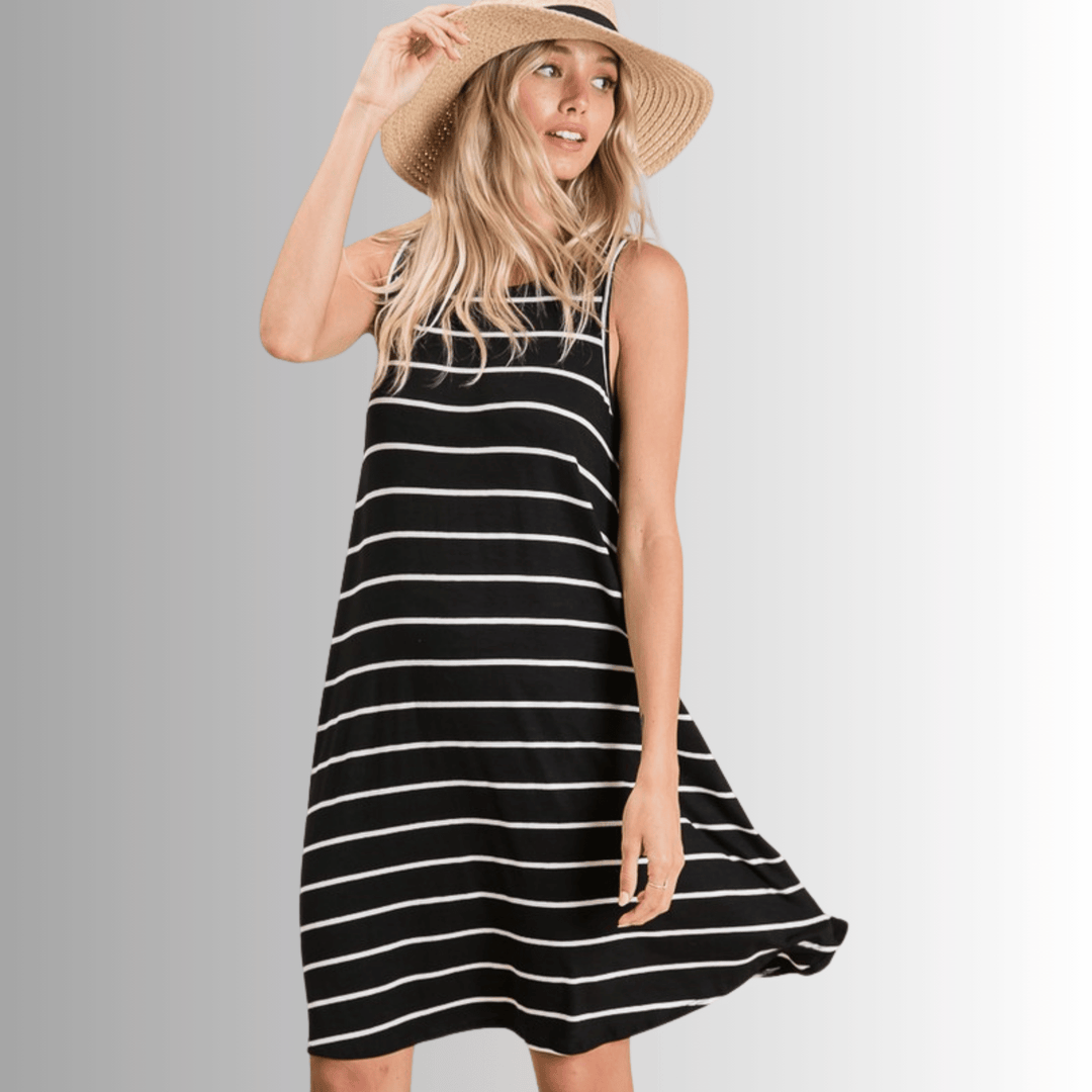 Made in USA Women's Rayon Lightweight Striped Sleeveless Summer Dress in Black and White | Classy Cozy Cool Made in America Boutique