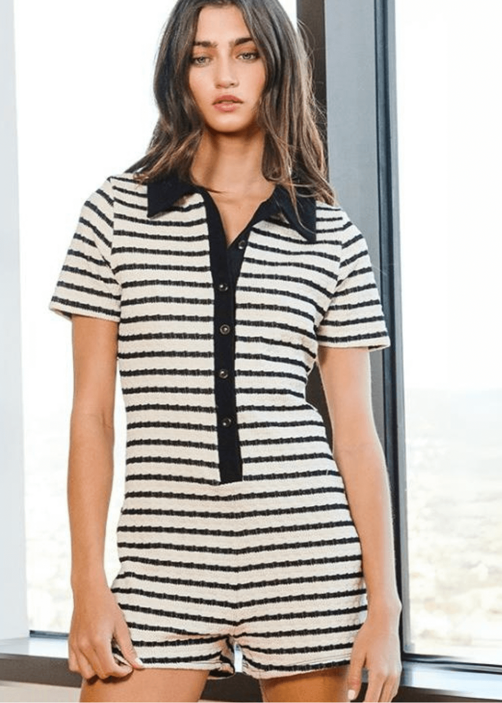 Bucket List Style# R5412 | Women's Black & Ivory Striped Short Sleeve Romper | Made in USA | Classy Cozy Cool Women's Made in America Boutique