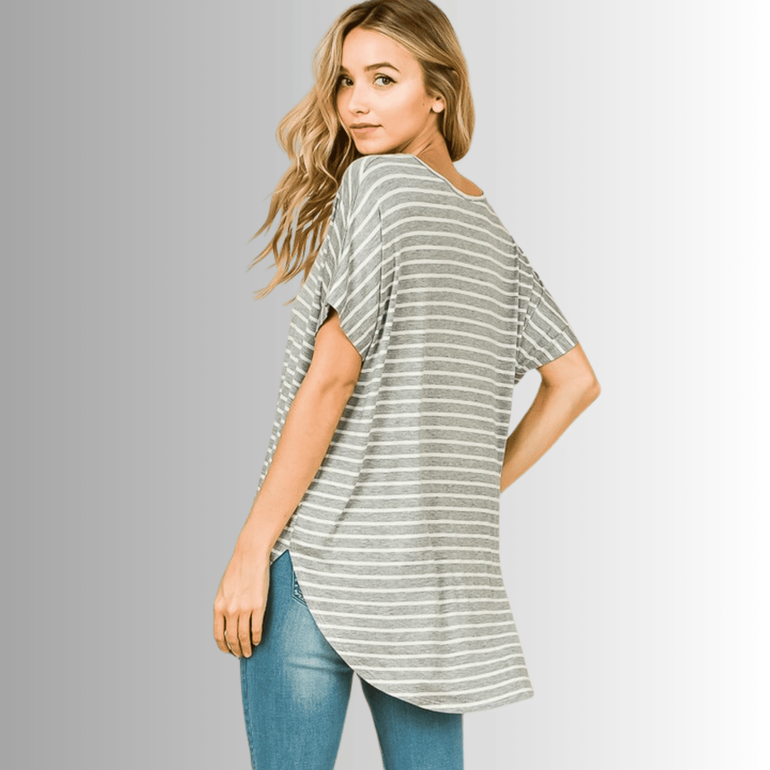 Made in USA Striped V-Neck Tunic Length T-Shirt, Longer Length, Available in Black, Grey and Ivory, Loose Fit, Soft Lightweight Material | Classy Cozy Cool Made in America Boutique