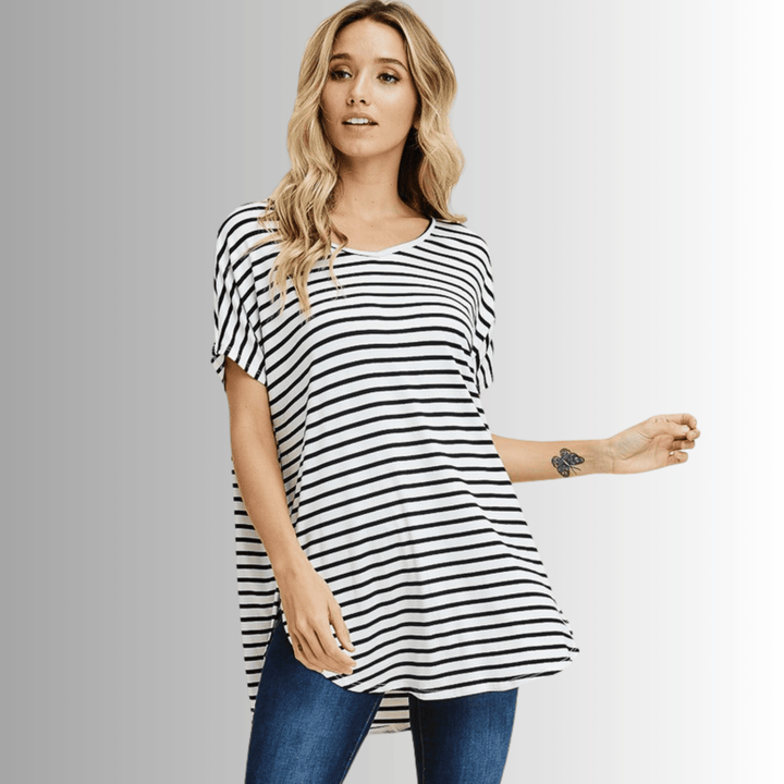 Made in USA Striped V-Neck Tunic Length T-Shirt, Longer Length, Available in Black, Grey and Ivory, Loose Fit, Soft Lightweight Material | Classy Cozy Cool Made in America Boutique