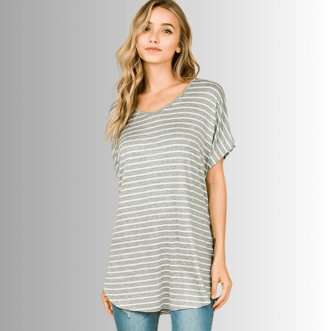 Made in USA Striped V-Neck Tunic Length T-Shirt, Longer Length, Available in Black, Grey and Ivory, Loose Fit, Soft Lightweight Material | Classy Cozy Cool Made in America Boutique