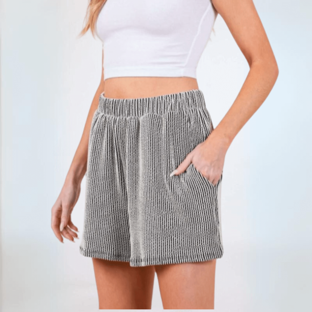 Made in USA Women's Soft Textured Loose Fit Black and White Striped Ribbed Detail Shorts with Side Pockets | Classy Cozy Cool Made in America Boutique