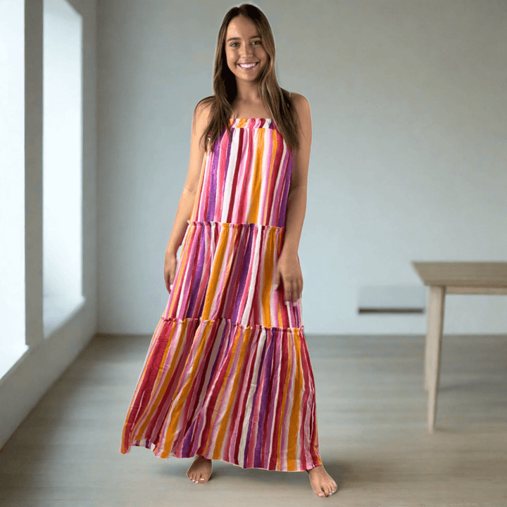 Made in USA Women's Striped Maxi Tiered Sun Dress with Adjustable Straps and Ruffle Detail in this Dress: Lavender, Coral, Pink, Orange, White | Classy Cozy Cool Made in America Boutique
