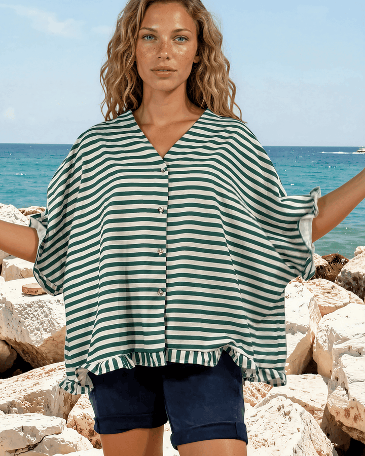 Effortlessly chic green &amp; white striped oversized top with ruffle cuffs &amp; button-up front. Lightweight, flowy fit perfect for spring &amp; summer. Made in USA.