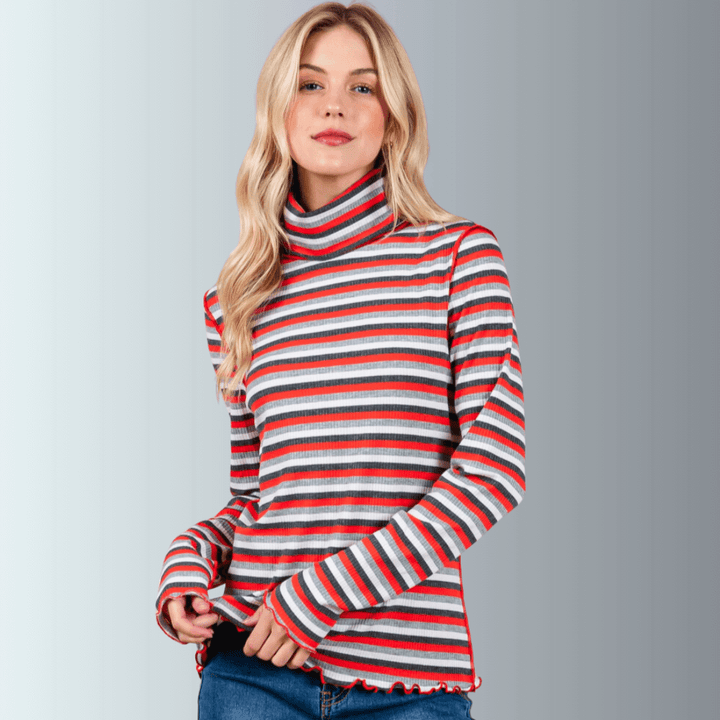 Made in USA Women's Super Cute Red and White Striped Turtle Neck Top, Lightweight Ribbed knit fabric, Lettuce merrow stitch detail at Cuffs & Hem, Inside Out Seams