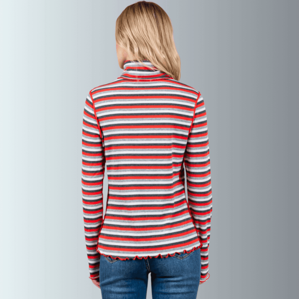 Made in USA Women's Super Cute Red and White Striped Turtle Neck Top, Lightweight Ribbed knit fabric, Lettuce merrow stitch detail at Cuffs & Hem, Inside Out Seams