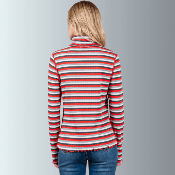 Made in USA Women's Super Cute Red and White Striped Turtle Neck Top, Lightweight Ribbed knit fabric, Lettuce merrow stitch detail at Cuffs & Hem, Inside Out Seams