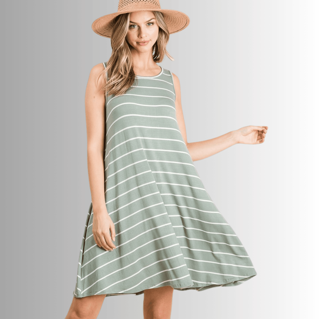 Made in USA Women's Rayon Lightweight Striped Sleeveless Summer Dress in Sage | Classy Cozy Cool Made in America Boutique