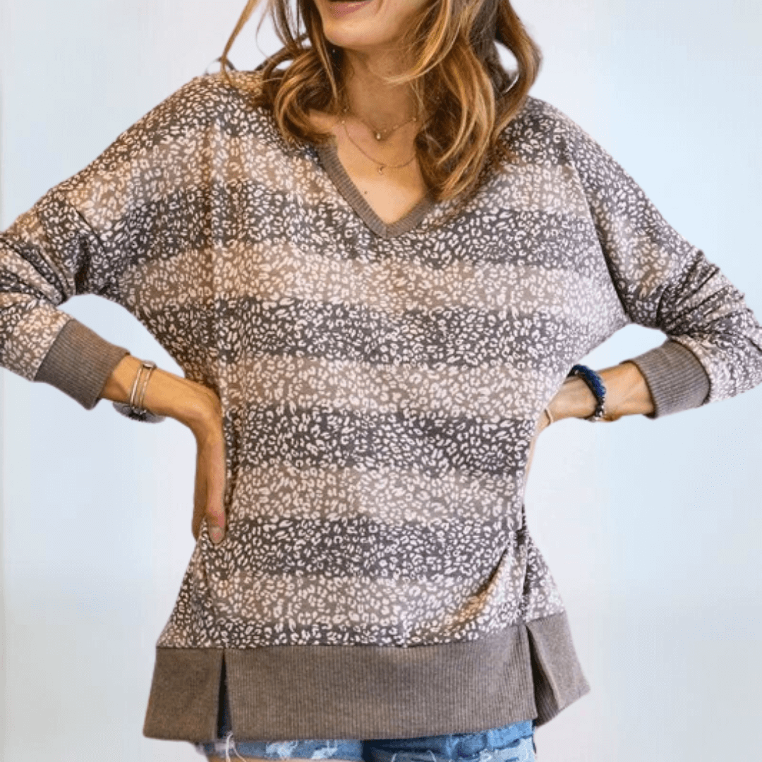 Ladies Oversized Lightweight Super Soft Patterned Striped Top in Shades of Mocha and Mauve | Made in USA | Classy Cozy Cool Women's Made in America Clothing