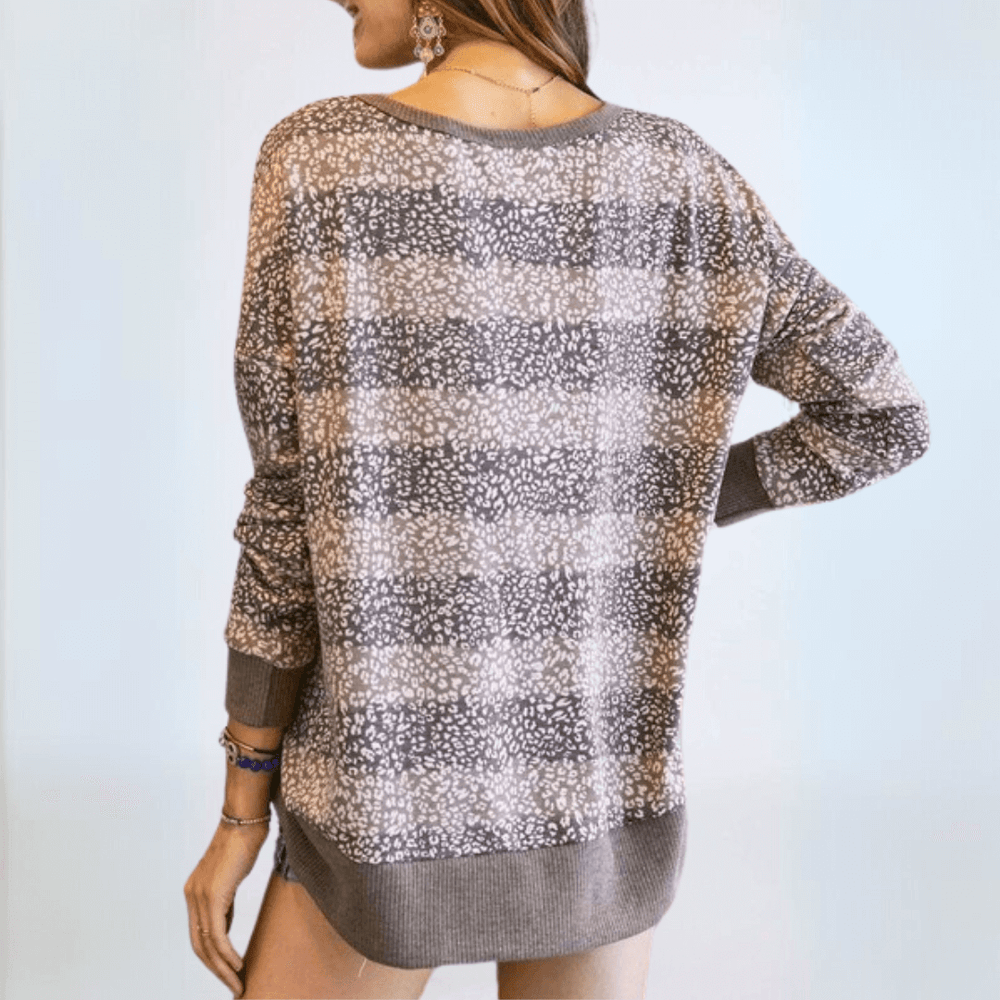 Ladies Oversized Lightweight Super Soft Patterned Striped Top in Shades of Mocha and Mauve | Made in USA | Classy Cozy Cool Women's Made in America Clothing