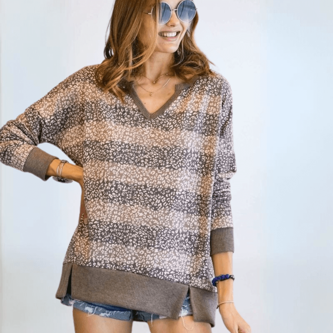 Ladies Oversized Lightweight Super Soft Patterned Striped Top in Shades of Mocha and Mauve | Made in USA | Classy Cozy Cool Women's Made in America Clothing