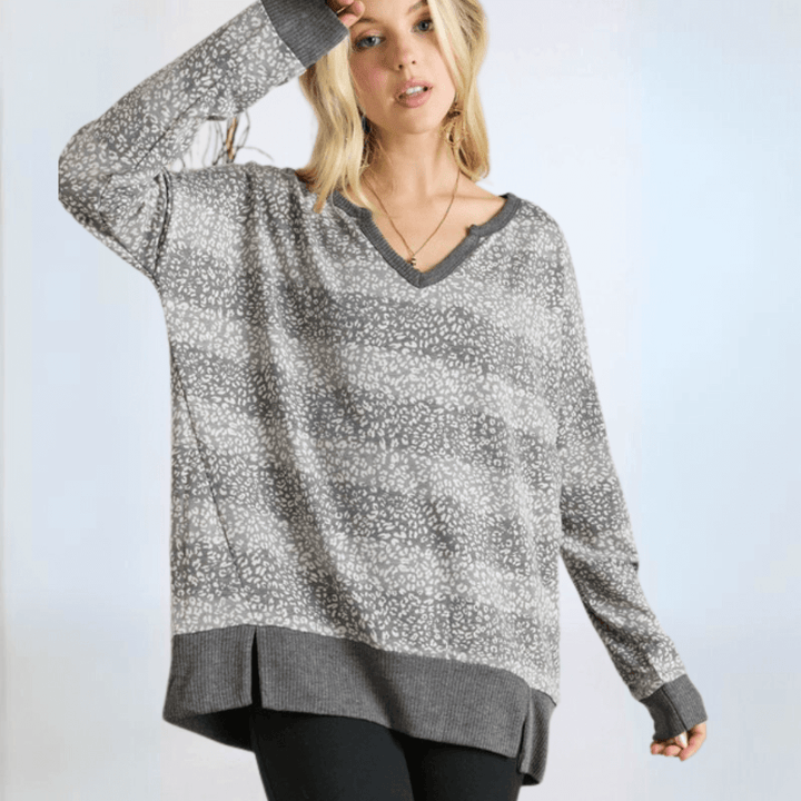 Ladies Oversized Lightweight Super Soft Patterned Striped Top in Shades of Grey | Made in USA | Classy Cozy Cool Women's Made in America Clothing