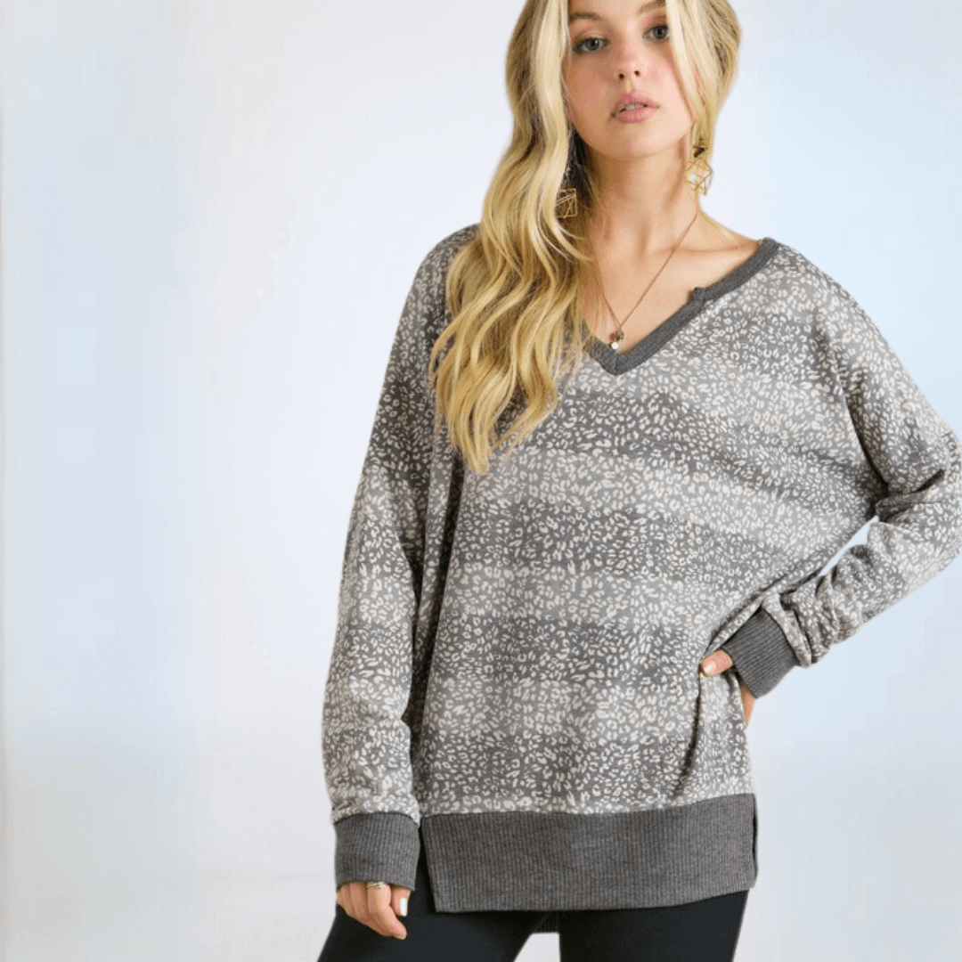 Ladies Oversized Lightweight Super Soft Patterned Striped Top in Shades of Grey | Made in USA | Classy Cozy Cool Women's Made in America Clothing