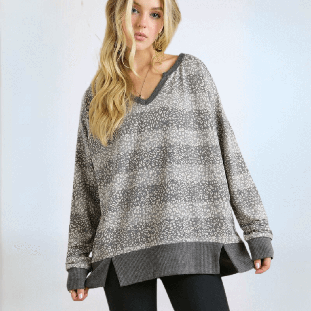 Ladies Oversized Lightweight Super Soft Patterned Striped Top in Shades of Grey | Made in USA | Classy Cozy Cool Women's Made in America Clothing