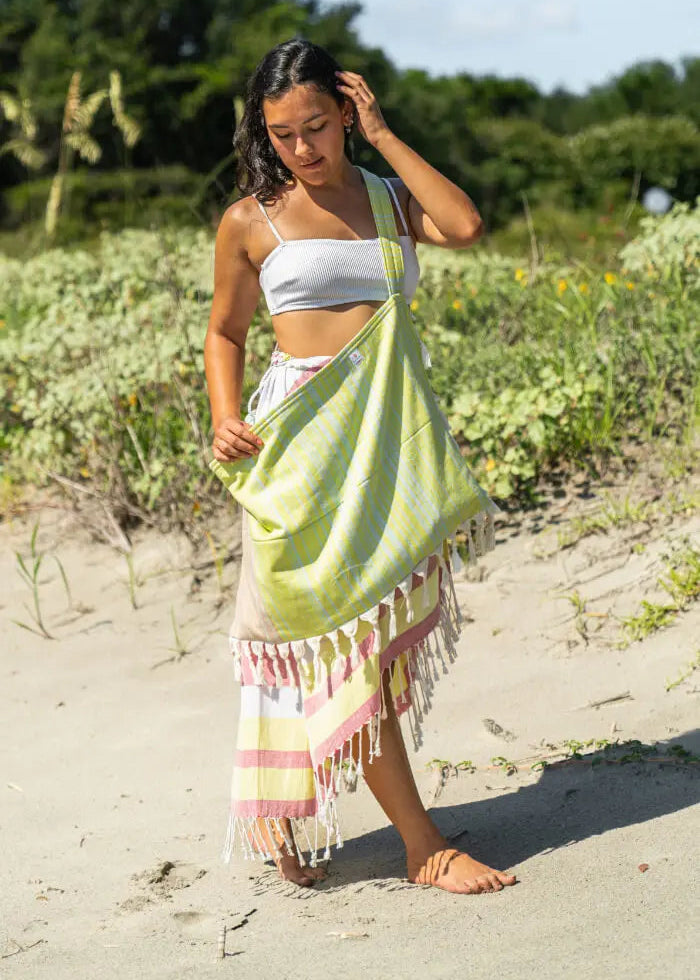 Shop the Beachables Striped 3-in-1 Turkish Cotton Beach Bag – converts from bag to towel to chair cover. Sand-resistant, quick-dry, machine washable. Made in USA.