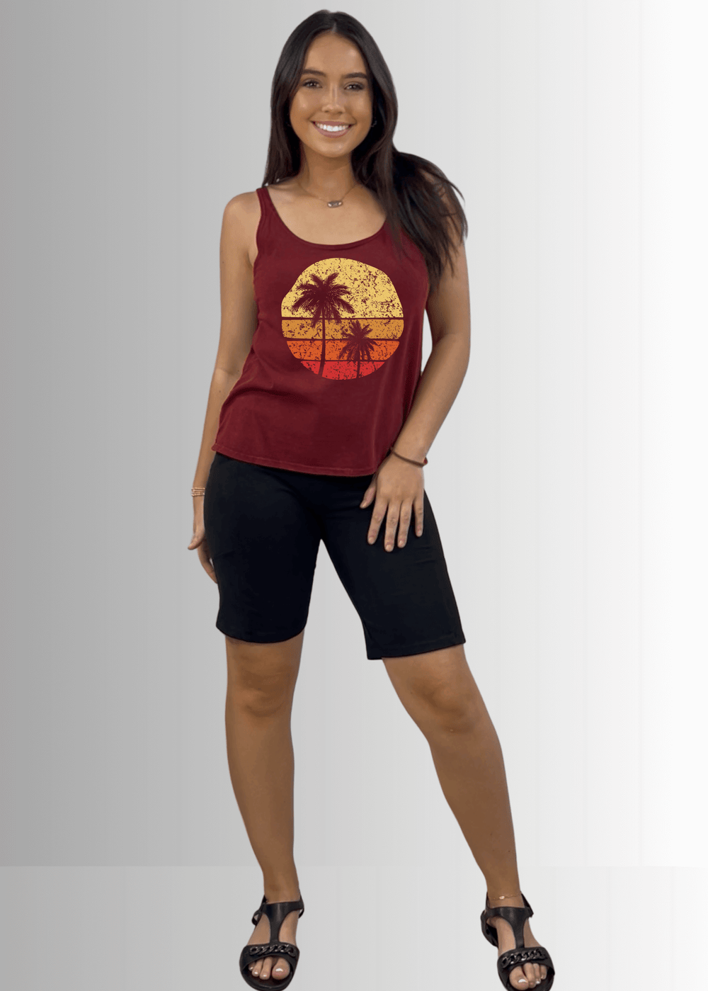 Made in USA Women's Sunset Palm Tree Graphic on Sustainable Durable Premium America-made Cotton Tank Top in Burnt Red Clay, Mineral Washed Vintage Look | Classy Cozy Cool Made in USA Boutique