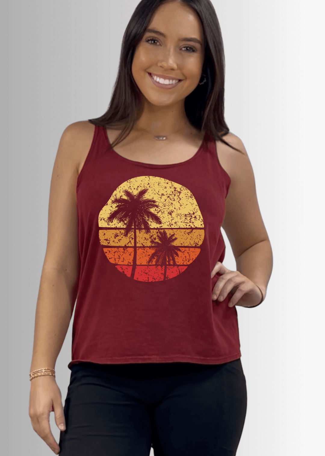 Made in USA Women's Sunset Palm Tree Graphic on Sustainable Durable Premium America-made Cotton Tank Top in Burnt Red Clay, Mineral Washed Vintage Look | Classy Cozy Cool Made in USA Boutique