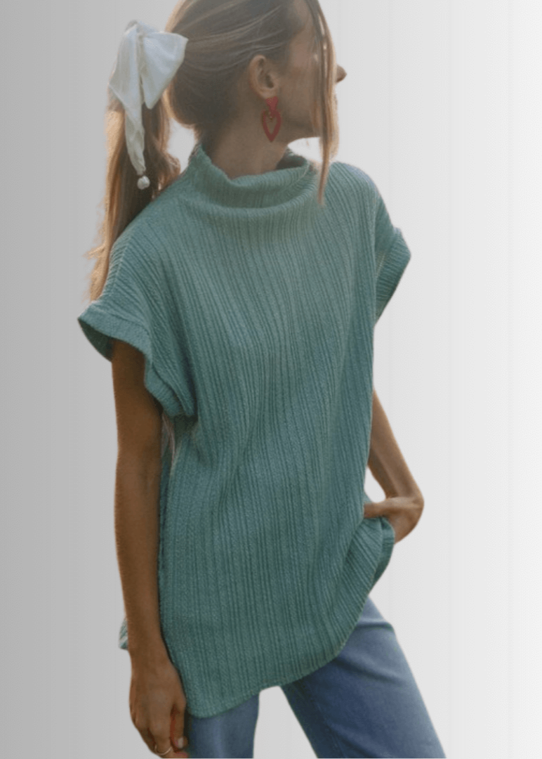Made in USA Women's Mock Neck Soft Knit Top Sleeveless Drop Shoulder Sweater Vest with Side Slits in Teal | Classy Cozy Cool Women's Made in America Boutique
