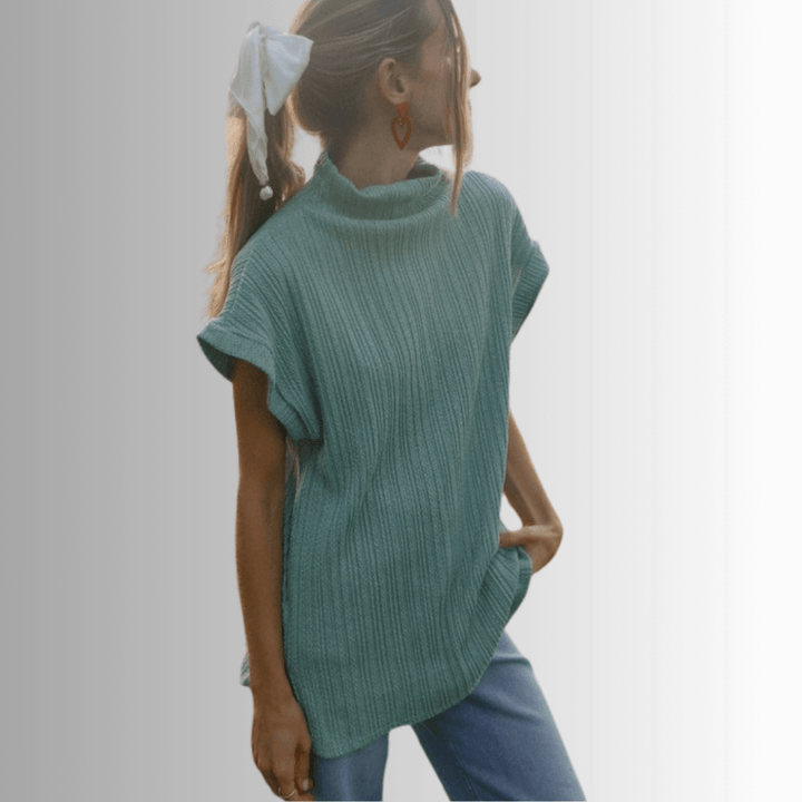 Made in USA Women's Mock Neck Soft Knit Top Sleeveless Drop Shoulder Sweater Vest with Side Slits in Teal | Classy Cozy Cool Women's Made in America Boutique