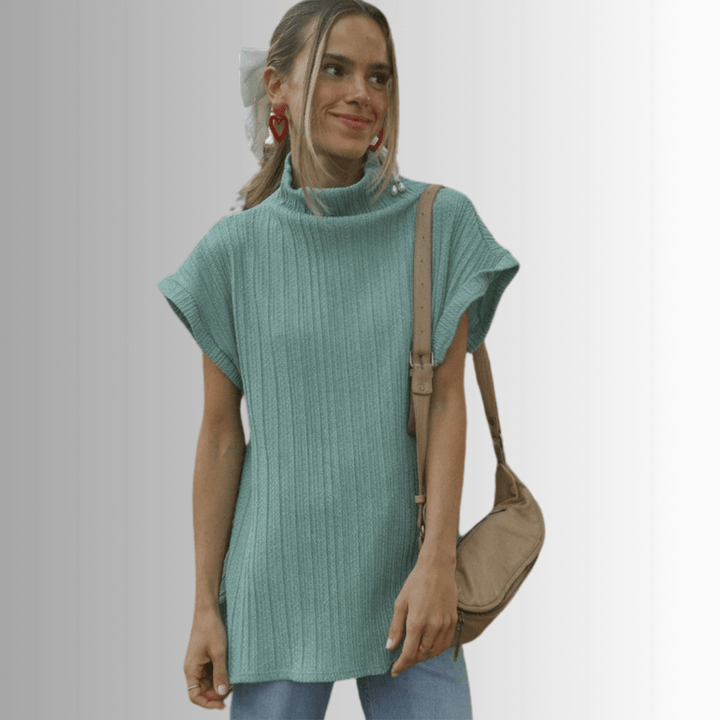 Made in USA Women's Mock Neck Soft Knit Top Sleeveless Drop Shoulder Sweater Vest with Side Slits in Teal | Classy Cozy Cool Women's Made in America Boutique