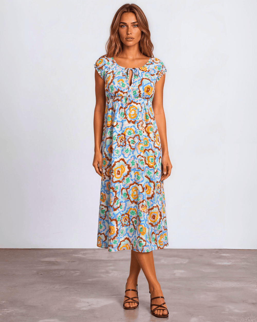 Our Sydney Sumer Vacation Sundress in Breezy rayon-linen blend, smocked waist & bold colorful abstract floral print — your new vacation dress. Made in USA