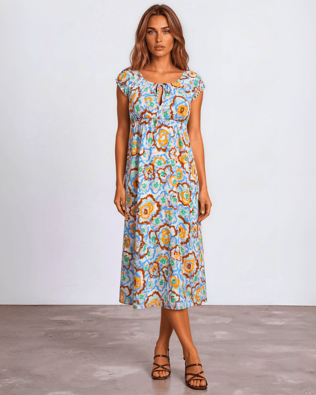 Our Sydney Sumer Vacation Sundress in Breezy rayon-linen blend, smocked waist &amp; bold colorful abstract floral print — your new vacation dress. Made in USA