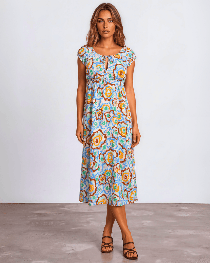 Our Sydney Sumer Vacation Sundress in Breezy rayon-linen blend, smocked waist &amp; bold colorful abstract floral print — your new vacation dress. Made in USA
