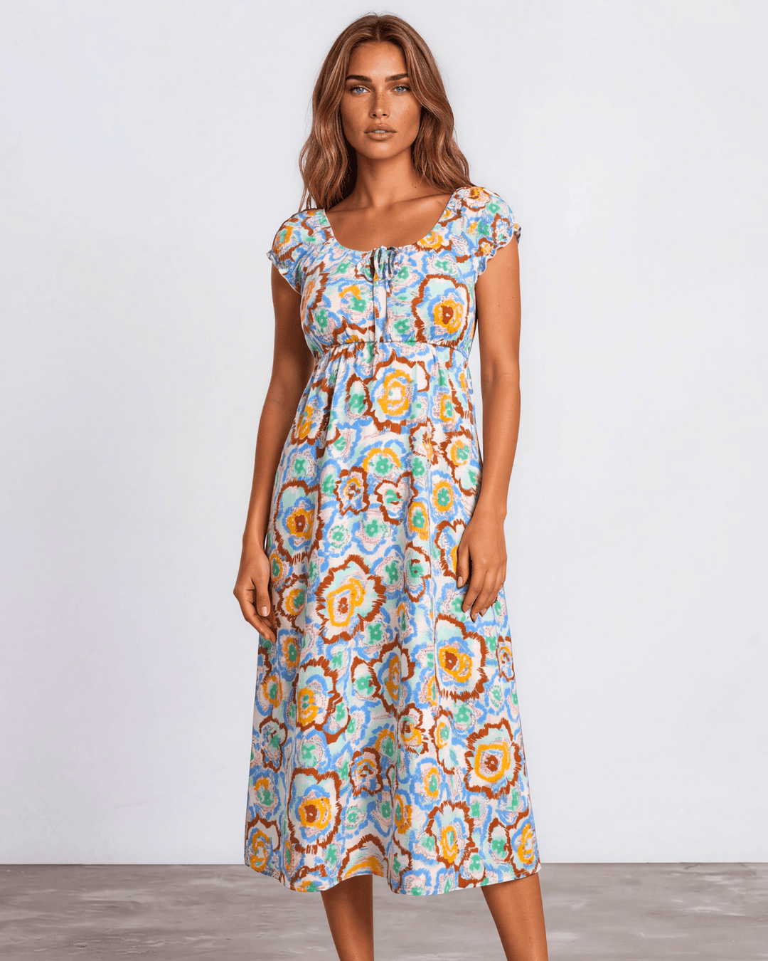 Sydney Aqua Blue Abstract Floral Midi Dress | Made in USA – Classy Cozy Cool