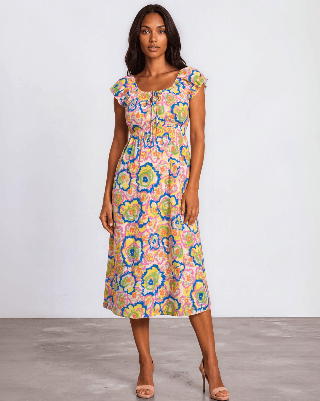 Our Sydney Sumer Vacation Sundress in Breezy rayon-linen blend, smocked waist &amp; bold pink abstract floral print — your new vacation dress. Made in USA