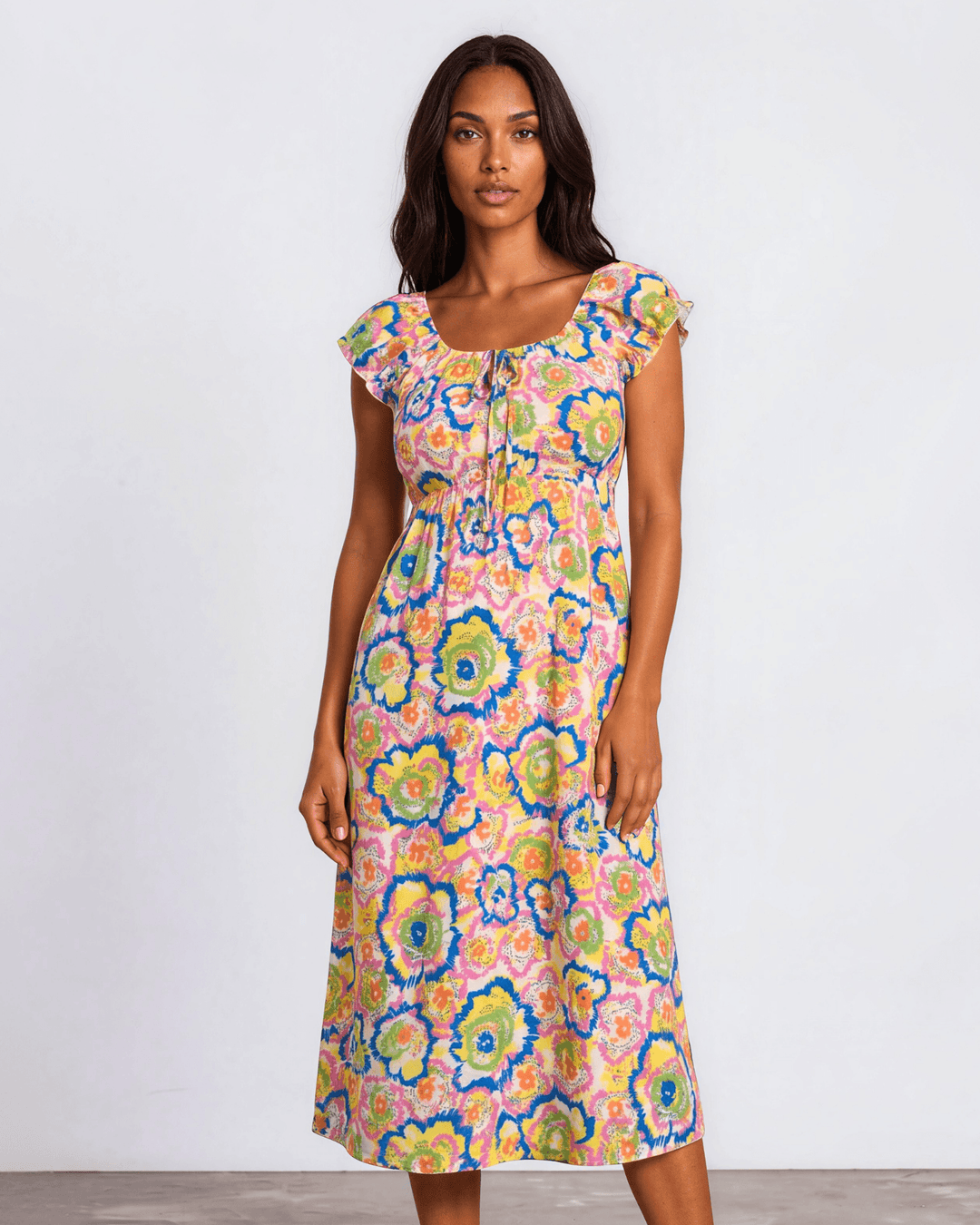 Our Sydney Sumer Vacation Sundress in Breezy rayon-linen blend, smocked waist &amp; bold pink abstract floral print — your new vacation dress. Made in USA