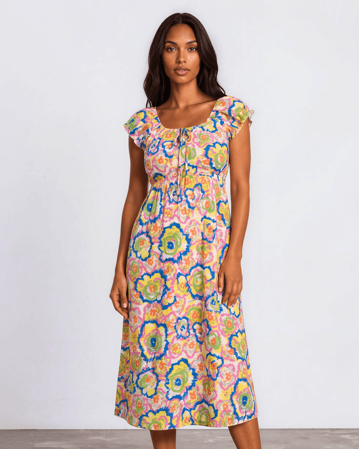 Our Sydney Sumer Vacation Sundress in Breezy rayon-linen blend, smocked waist &amp; bold pink abstract floral print — your new vacation dress. Made in USA