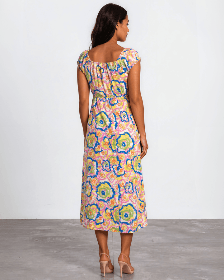 Our Sydney Sumer Vacation Sundress in Breezy rayon-linen blend, smocked waist &amp; bold pink abstract floral print — your new vacation dress. Made in USA