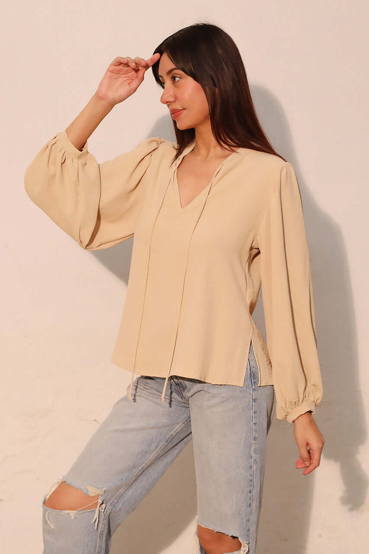 Champagne Matte Crepe Peasant Top