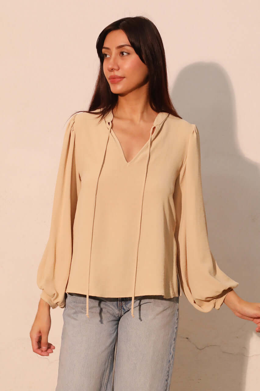 Champagne Matte Crepe Peasant Top