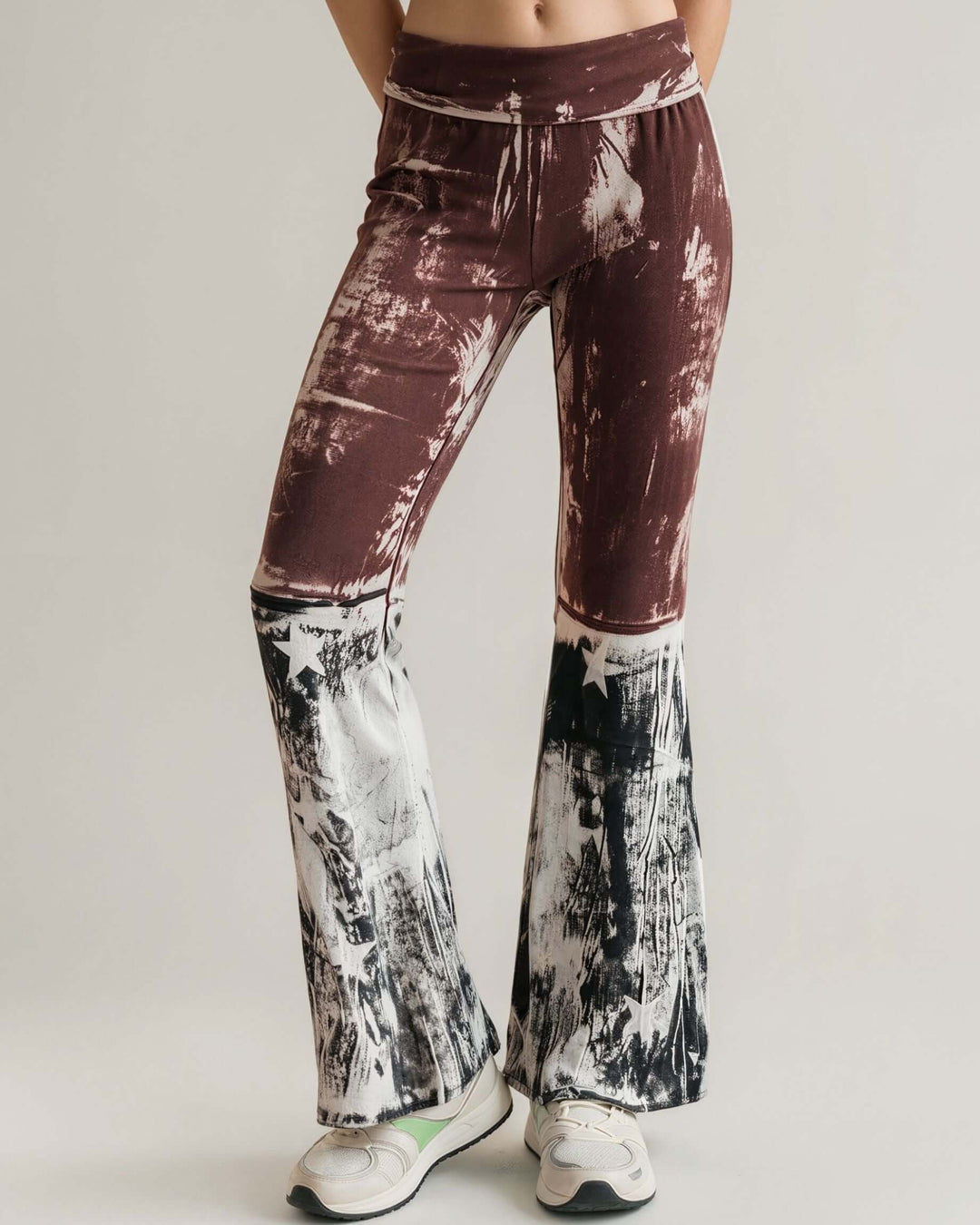 T-Party Ladies Distressed Cotton American Flag Boot Cut Patriotic 4th of July Fold Over Waist Flare Leg Pants | Made in USA | Classy Cozy Cool Women's American Clothing Boutique