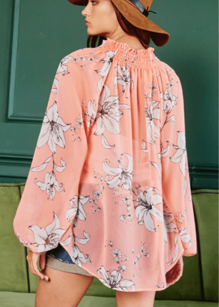 Made in USA |  Ladies Sheer Floral Smocked Collar Dressy Blouse in Coral with Floral Print | Style # T1048 | Classy Cozy Cool Women’s Clothing Boutique