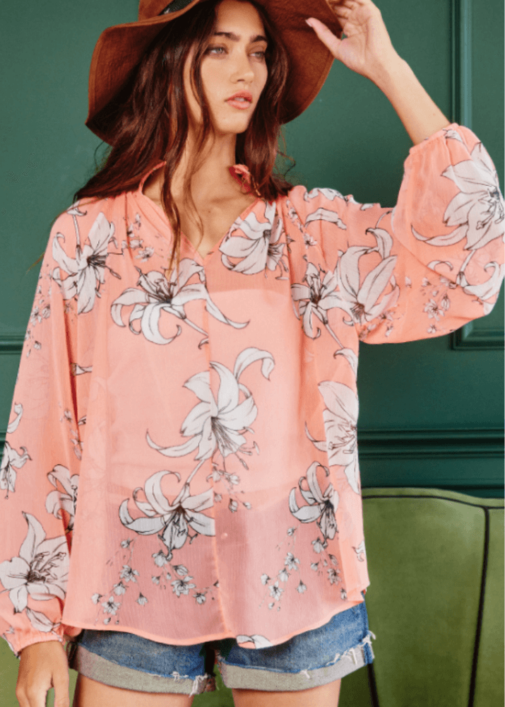 Made in USA |  Ladies Sheer Floral Smocked Collar Dressy Blouse in Coral with Floral Print | Style # T1048 | Classy Cozy Cool Women’s Clothing Boutique
