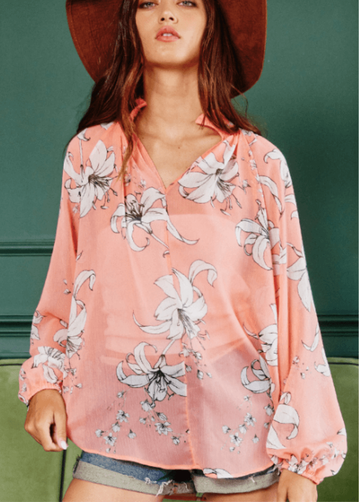 Made in USA |  Ladies Sheer Floral Smocked Collar Dressy Blouse in Coral with Floral Print | Style # T1048 | Classy Cozy Cool Women’s Clothing Boutique