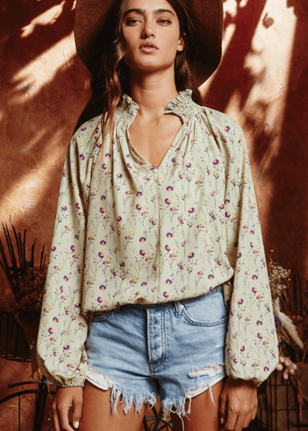 Made in USA | Women's Light Green Floral Long Bubble Sleeve Dressy Blouse | Brand: Bucket List Style # T1048 | Classy Cozy Cool Women’s Clothing Boutique
