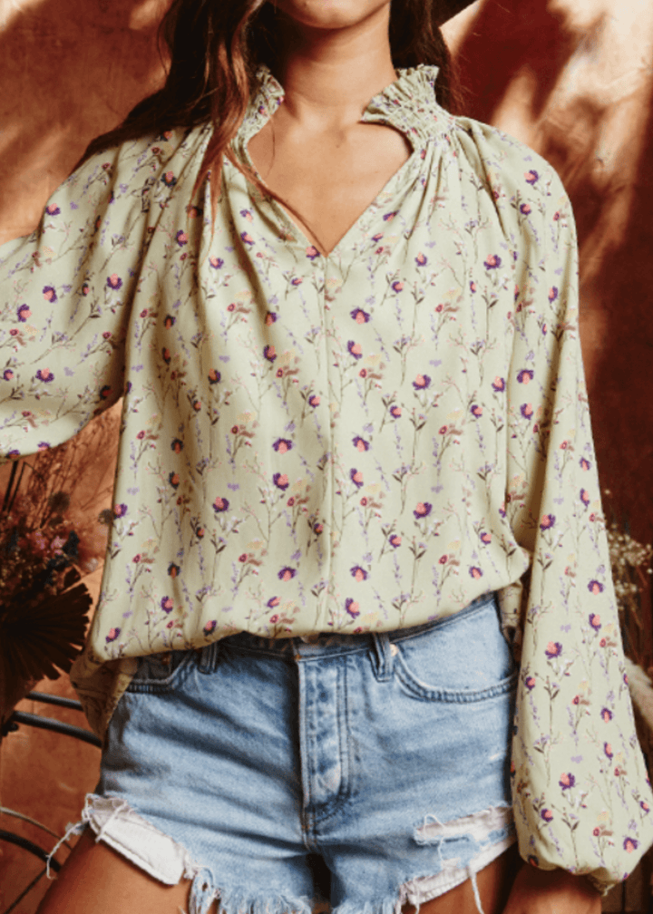 Made in USA | Women's Light Green Floral Long Bubble Sleeve Dressy Blouse | Brand: Bucket List Style # T1048 | Classy Cozy Cool Women’s Clothing Boutique