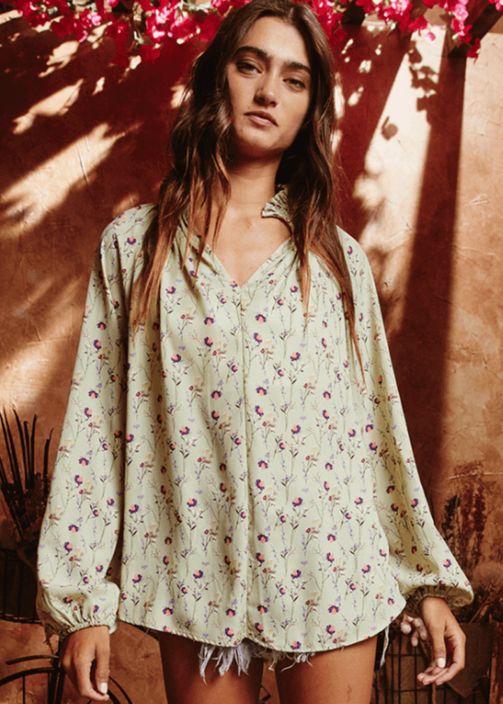 Made in USA | Women's Light Green Floral Long Bubble Sleeve Dressy Blouse | Brand: Bucket List Style # T1048 | Classy Cozy Cool Women’s Clothing Boutique