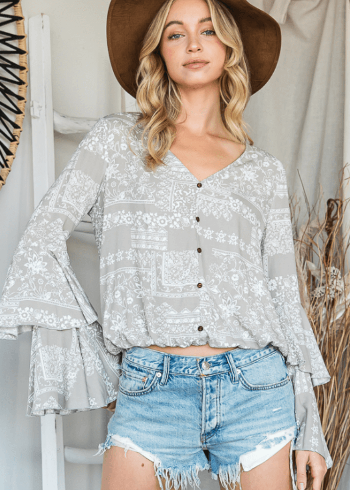 Made in USA Women's Floral Print Layered Bell Sleeve V-Neck Cropped Top, Grey Floral Relaxed Fit, Button trimmed at front, Elastic waistband, 100% Rayon | Bucket List Style T1087 