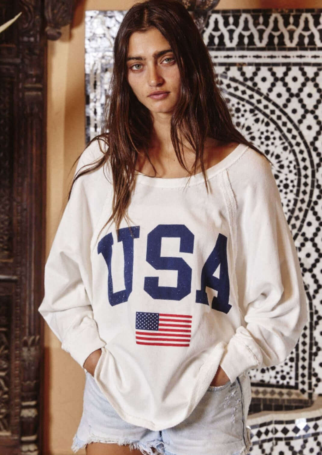 Women's' USA Graphic French Terry Sweatshirt | Bucket List Clothing Style T1139 | Made in USA | Oversized Raw Edge Detail Sweatshirt | Classy Cozy Cool Made in America Boutique